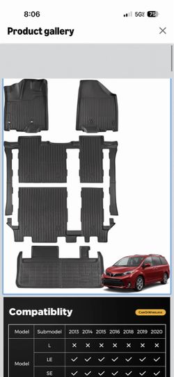 Toyota Sienna 2013-2020 Floor Mats Cargo Liner Trunk Mat (8 Seater) All Weather | Heavy Duty | TPE | Anti-slip tech | Waterproof | for LE | for SE | f