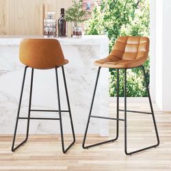 2Pcs Bar Stool Faux Leather for Kitchen, Dining Room, Living Room, Whiskey Brown