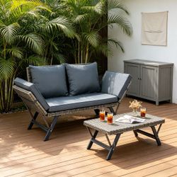 55" Foldable Patio Wicker Bench Convertible Sofa