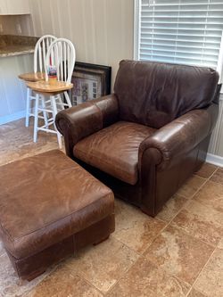 Brown Leather Armchair with Ottoman
