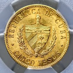 5 Pesos Rare Cuban Gold Coin 1915, certified MS62,