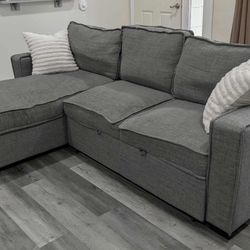 Grey Modular 3 Sleeper Couch, with Lounger, Storage, Cupholders, USB-C Charging + Bed Section