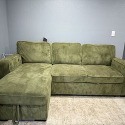 🌿 Green Corduroy Sectional w/ Pull-Out Bed + Storage + USB Ports 🛋️✨