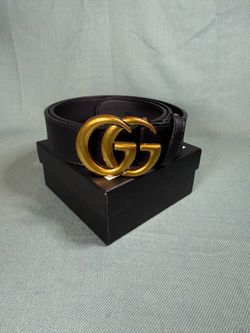 Designer-Inspired Black Leather Belt – Wide Gold Double G Buckle