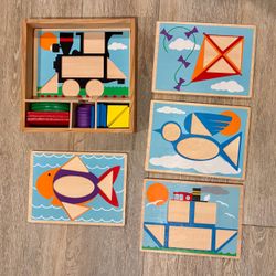 Melissa & Doug Beginner Wooden Pattern Blocks Educational Toy with 5 Double-Sided Scenes