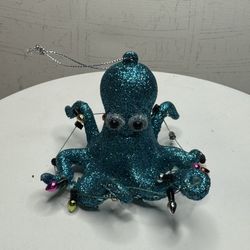 Octopus Ornament Hand Painted Ocean Icey Blue Glitter Coastal Christmas Decor