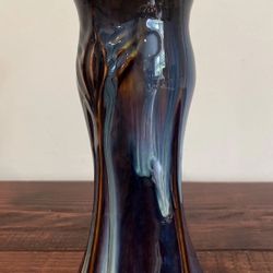 Bill Campbell Vase Art Pottery Lotus Signed Blue Brown Drip Glaze