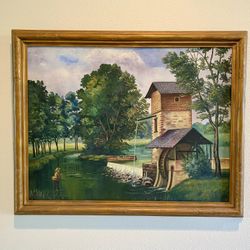 Antique Country Oil Painting and Frame Waterscape Fishing Farm 