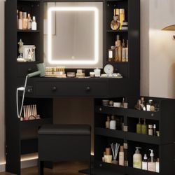 Corner Vanity Desk with Mirroru & Lights And with Rotating Shelves Has Charging Station & Storage Stool, (3 Light Settings)