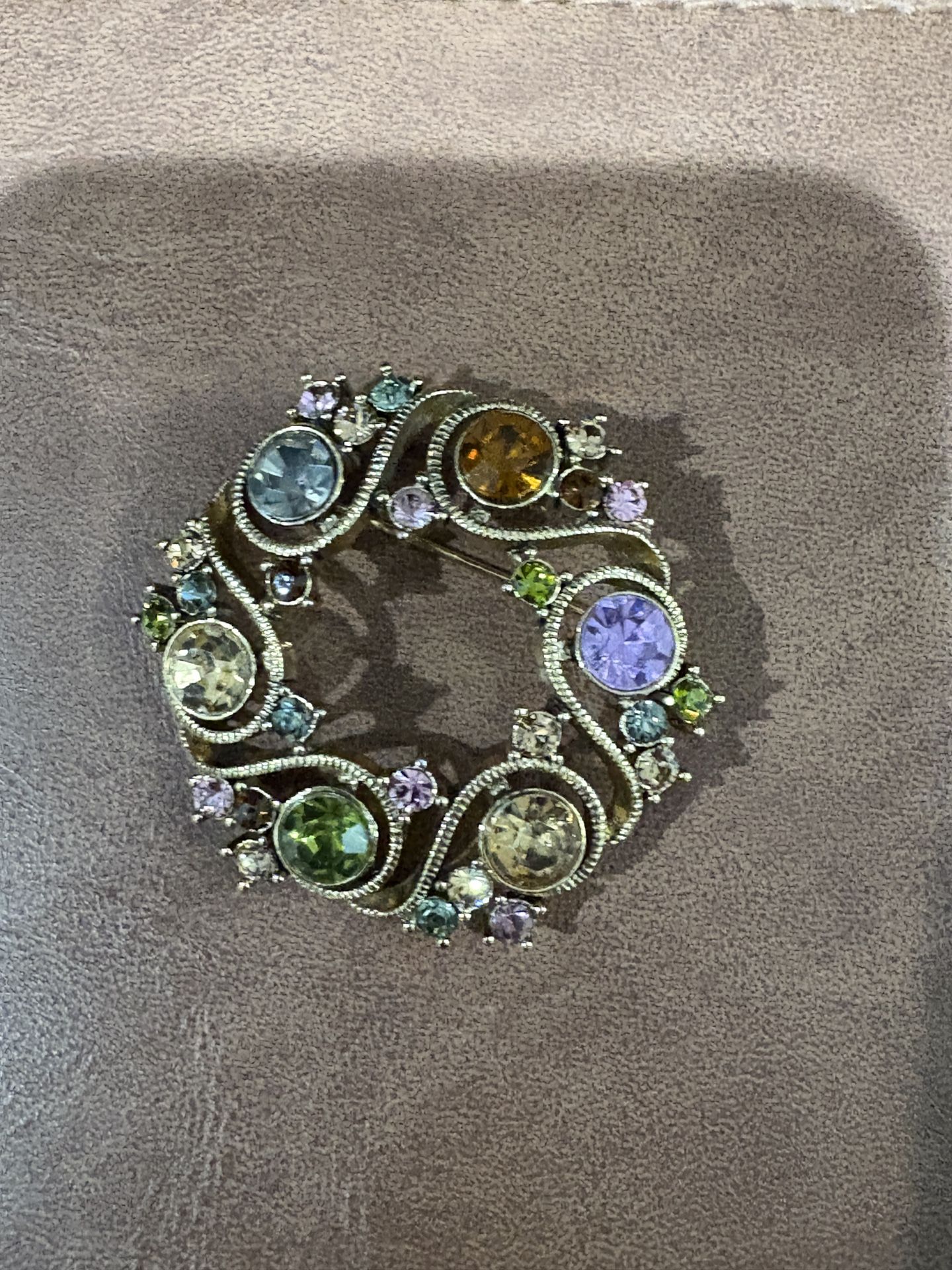 Monet Brooch Gold Tone Multicolor Rhinestones Wreath Pin