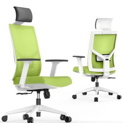 Ergonomic Office Chair, Home Office Desk Chairs Flip Up Arms with Wheels Adjustable Armrest Mesh High Back Lumbar Headrest Support for Adults Green Co