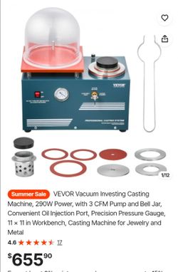 VEVOR Vacuum Investing Casting Machine, 290W Power, with 3 CFM Pump and Bell Jar, Convenient Oil Injection Port, Precision Pressure Gauge, 11 x 11 in 