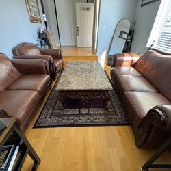 Quality Full Leather Sofa Set and Marble Coffee Table 