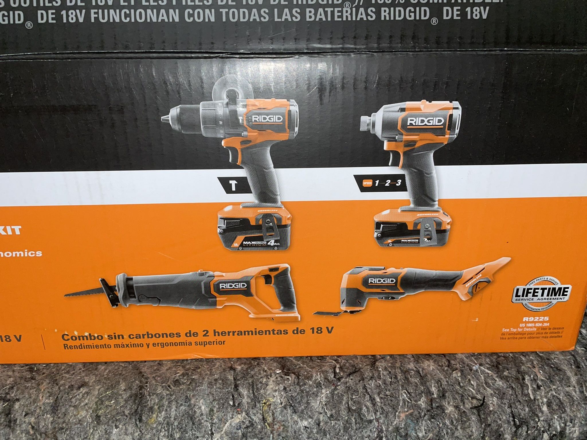 RIDGID 18V Brushless Cordless 4-Tool Combo Kit with (1) 4.0 Ah and (1) 2.0 Ah MAX Output Batteries, 18V Charger, and Tool Bag