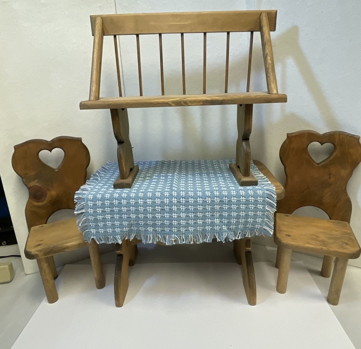 Vintage American Girl Doll Wood Furniture Trestle Kitchen Table 2 Chairs Bench