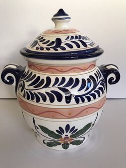 Hand Painted "TALAVERA" Cookie Jar With Lid Tabletops Unlimited Mexican Pottery