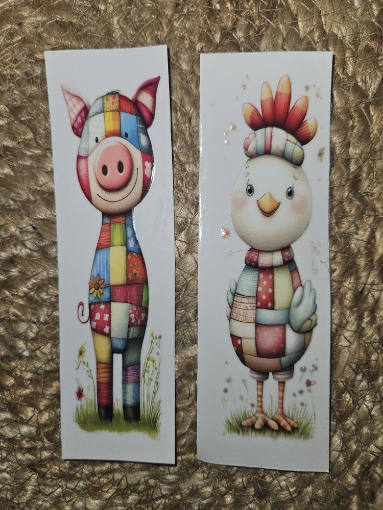 2 Stickers Bookmark Appliques Pig & Chicken 