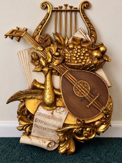 Vintage 1971 Syroco #7236 Gold Musical Wall Art Lute Lyre MCM 29”