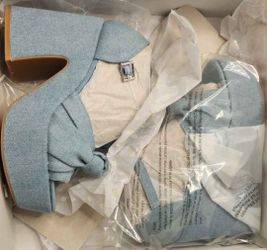 Copper Key Picnic Denim Platform Sandals Block Heels Knot Buckle