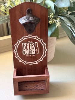 Beer O'Clock Wall-Mounted Bottle Opener with Cap Catcher - Brown