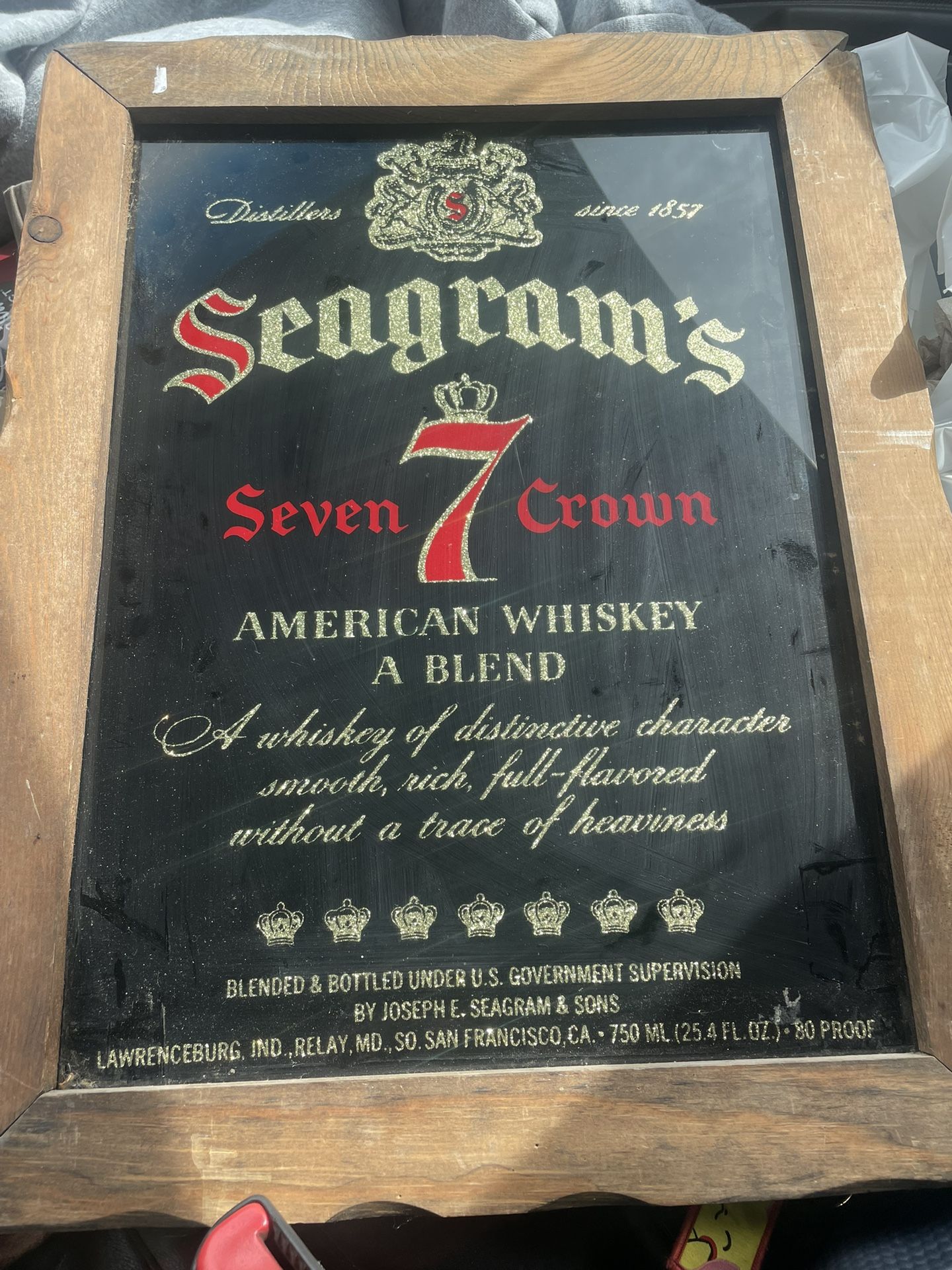 Seagrams 7 Seven Crown American Whiskey Glass Framed Mirror Sign 19 X 15