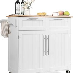 As is COSTWAY Kitchen Island on Wheels, Kitchen Cart with Side Towel Bar, 2 Drawers, 2 Door Cabinet, Rolling Storage Trolley Cart with Rubber Wood Top