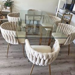 Modern Glass Dining Table & 6 Beige Velvet Chairs