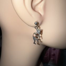 Vintage Kokopelli Sterling Silver & Opal Signed  Earrings 
