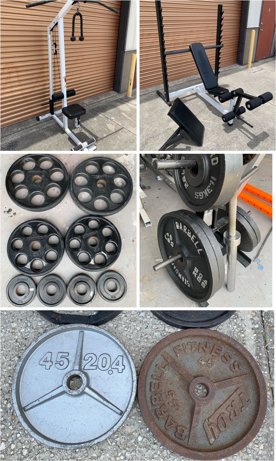 Olympic Weight Plate, Bench, Dumbbells, Lat Pull Down, Leg Curl/ Leg Extension, Curl Bar