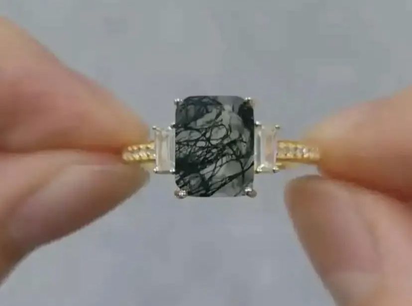 Moss Agate Gold Ring 925 Sz 6 Or 7