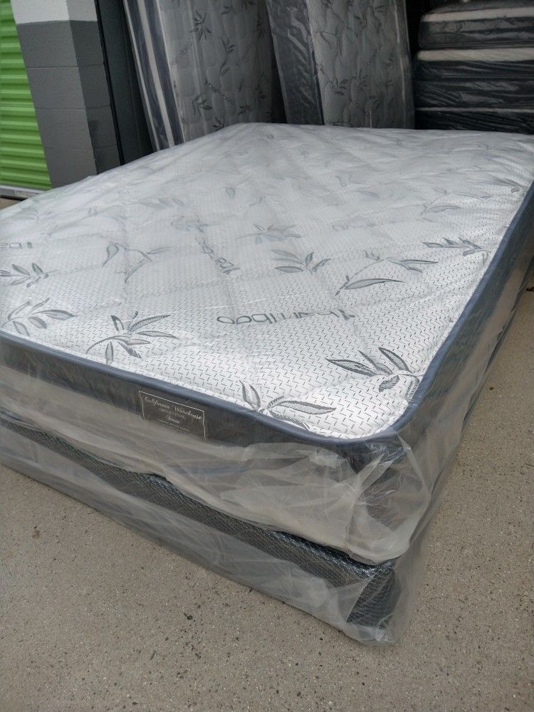 Queen Mattress With Box Spring Bamboo Pillow Top 12"Thick Orthopedic Brand New