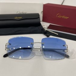Cartier Glasses (Diamond Cut), Blue Lense, Silver Frame