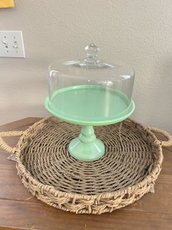 Vintage-Style Mint Green Glass Cake Stand with Dome