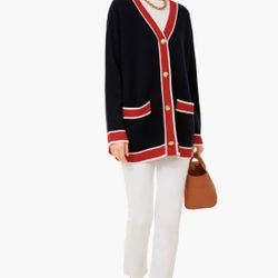 St. John  Knit Cardigan Blazer Jacket Zip Front Navy Blue Red  White Classy SZ 6. Make an offer!