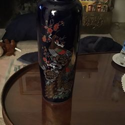 Vintage Interpur Japan Hand Painted Cobalt Blue Peacock Vase With Gold Trim 