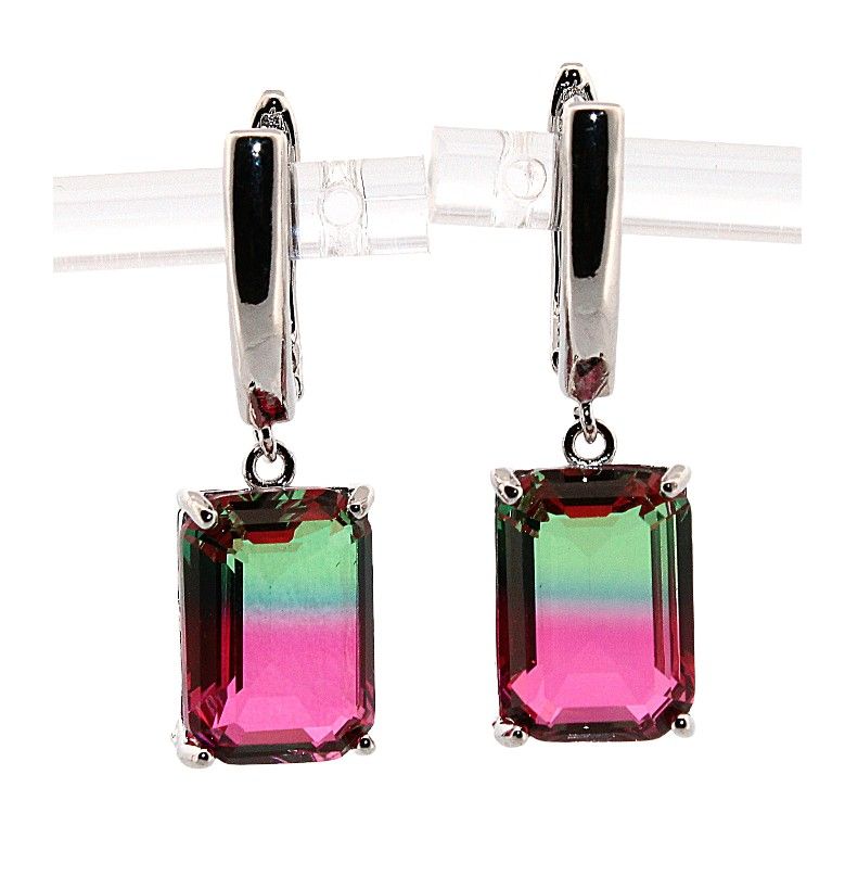 Emerald Watermelon Tourmaline Silver Dangle Earrings 049