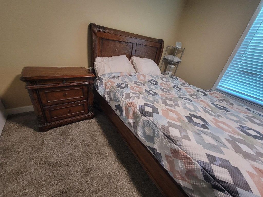Antique Bed Set (Bed Frame, Side Table, & Dresser/Mirror)