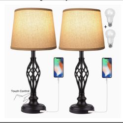 touch Control Traditional Table Lamp Set of 2, Vintage Bedside Lamps with USB Charging Port