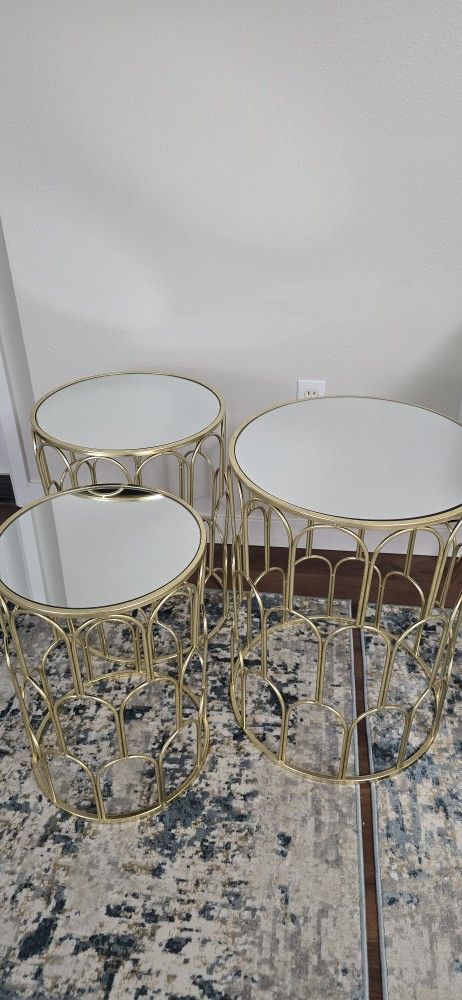 Set of 3 Gold Nesting Accent Tables with Mirrored Tops