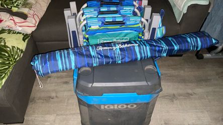 Tommy Bahama chairs, umbrella and cooler