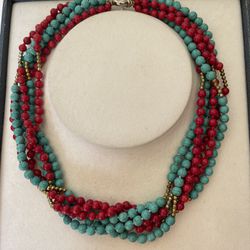 6 Strand Of Turquoise & Coral Beads Can Be Regular Or Choker 