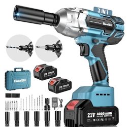 Seesii Cordless Impact Wrench 1/2 inch, High Torque 479 Ft-lbs(650Nm) Brushless Impact Gun,2500RPM w/2x4.0 Battery, 6 Sockets,8 Drill Bits, High Torqu