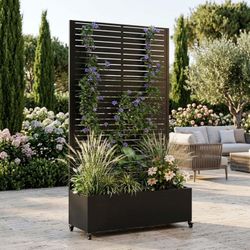 Metal Planter Box with Trellis, 73"x35"x16 Planter Privacy Screen with Drainage Holes & Lockable Wheels for Climbing Plants Vegetables and Vines (73"x