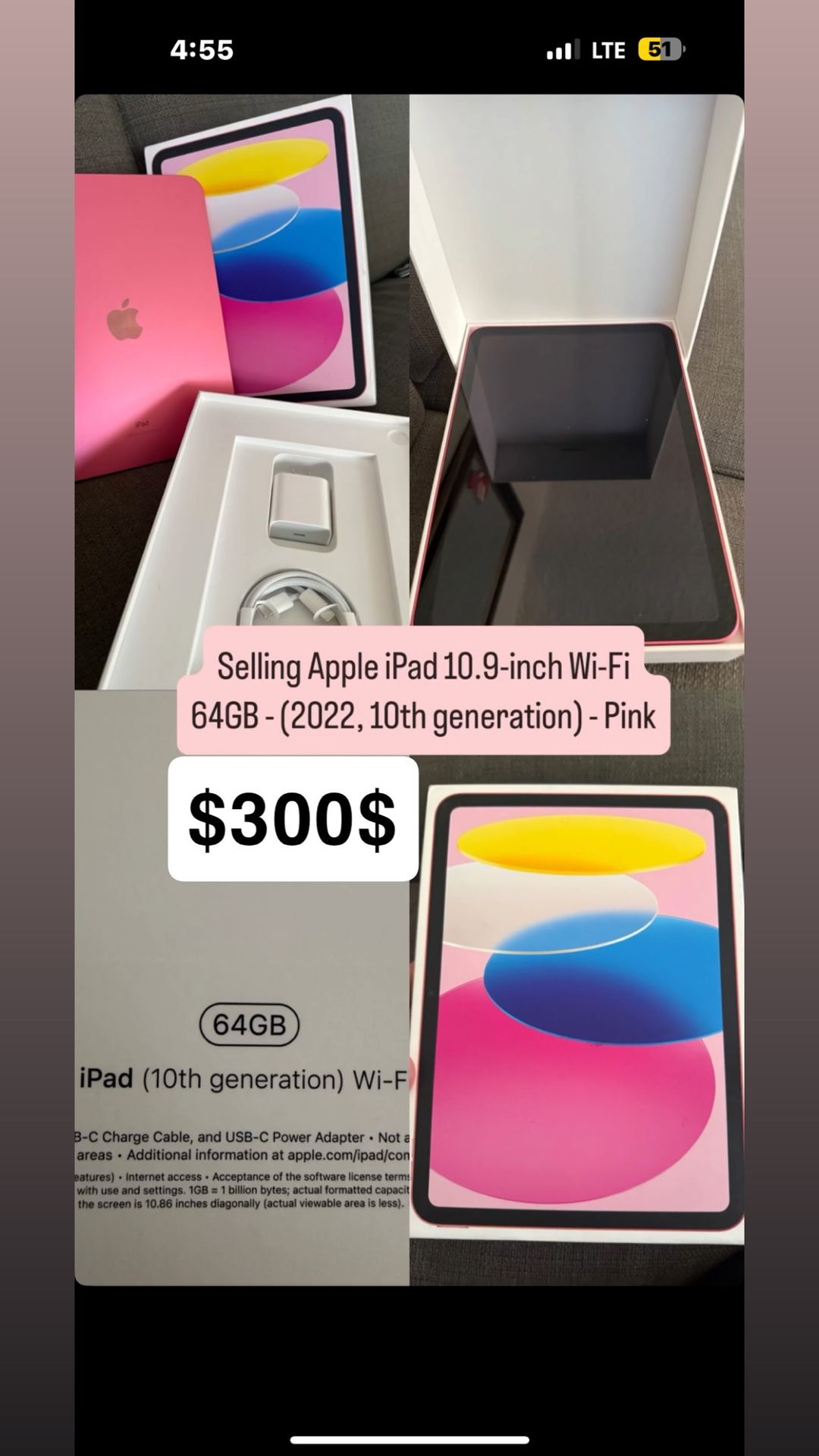 Apple I Pad 10.9inch WiFi 64gb Pink 10th Generation