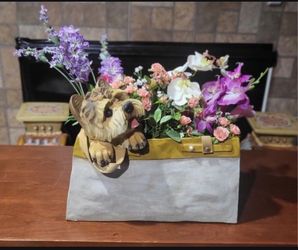 14.75" x 11.5" Yorkshire Terrier in a Purse Planter With Artificial Flowers