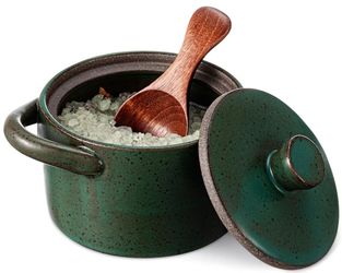 Set Speckled Ceramic Salt Cellar with Lid and Wooden Spoon,