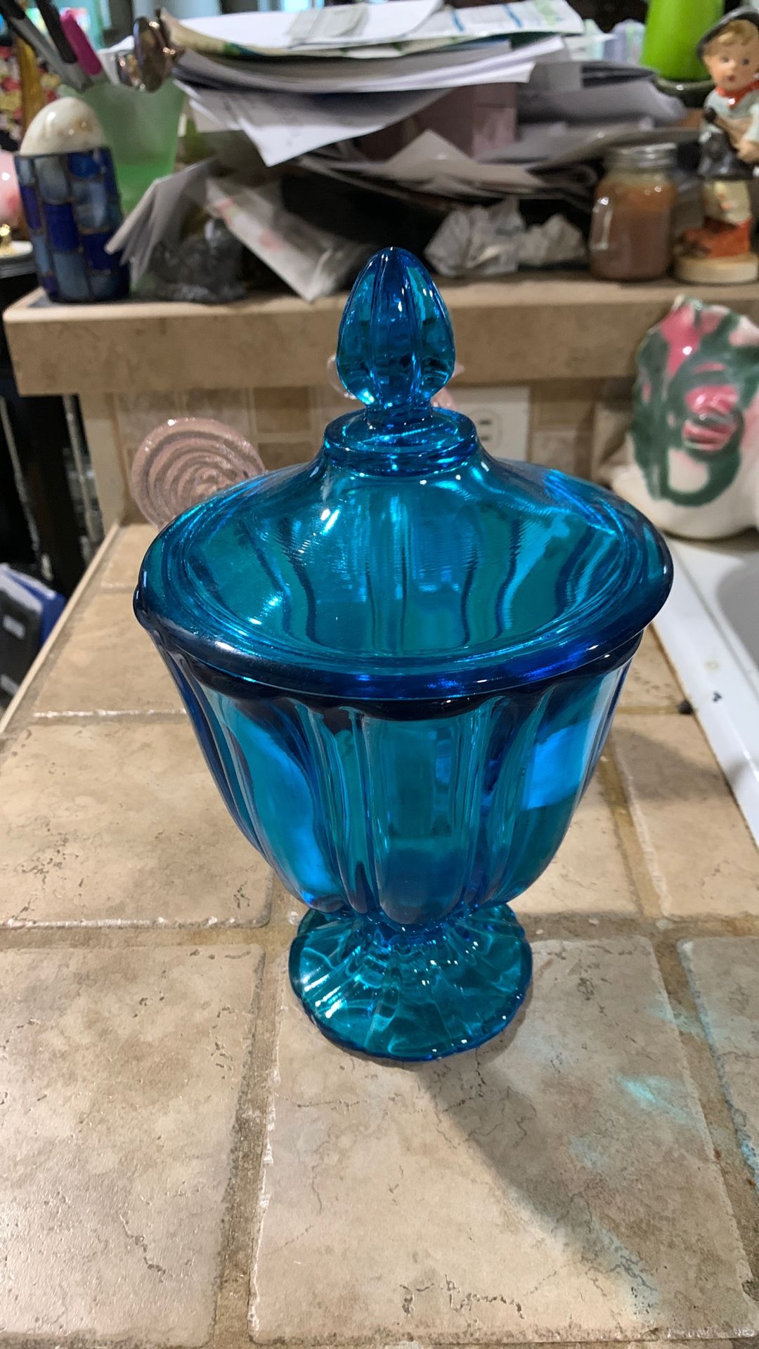 Beautiful LE Smith Simplicity Peacock Blue Pedestal Compote, Covered Candy, MCM