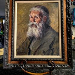antique oil painting on canvas depicting a bearded rabbi 24"×27.5"