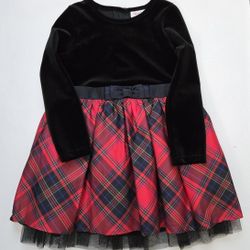 Cat & Jack Girls Holiday Dress 3T Black LS Velvet Top Tartan Plaid Lined Skirt