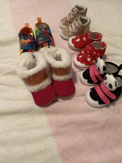 Babies shoes size 0-3 and 3-6 /2 pair red and white /black and white are Gymboree 0-3 mos. $15 each or both for$25)) all for $60. / Hi top boots$15